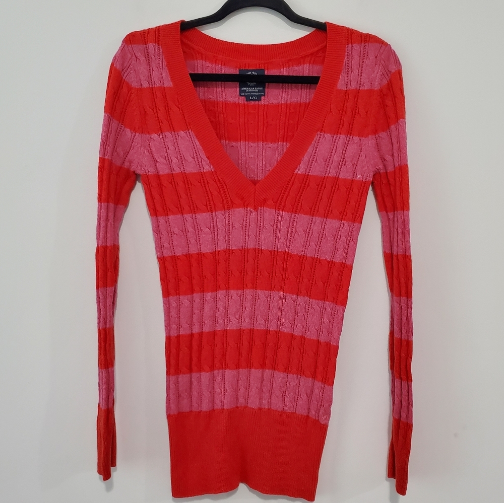 Y2K American Eagle Red Pink Striped Cable Knit Long Fitted V Neck Sz L Sweater